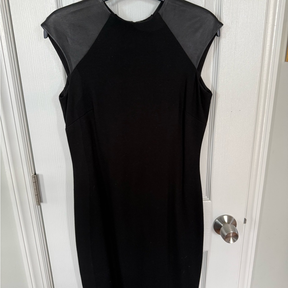 Ralph Lauren Black Sleeveless Midi Dress with Faux-Leather Shoulders
